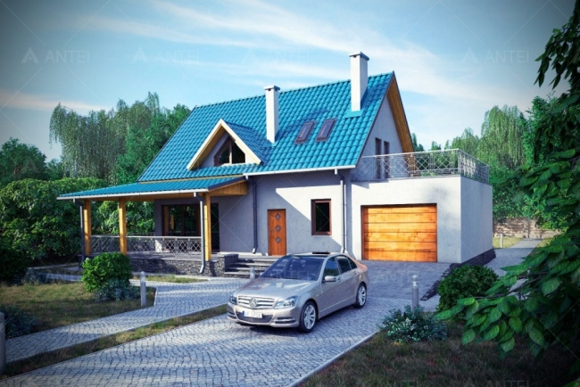 Проект мансардного дома с гаражом и террасой «КМ-12»