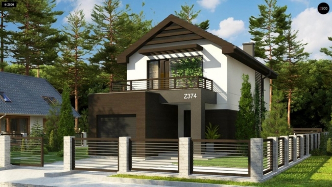Z374 Проект двухэтажного дома в современном стиле, подойдет для строительства на узком участке.