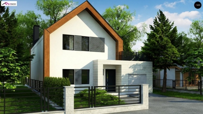 Z424 Современный дом с двускатной крышей и гаражом для одного пользователя