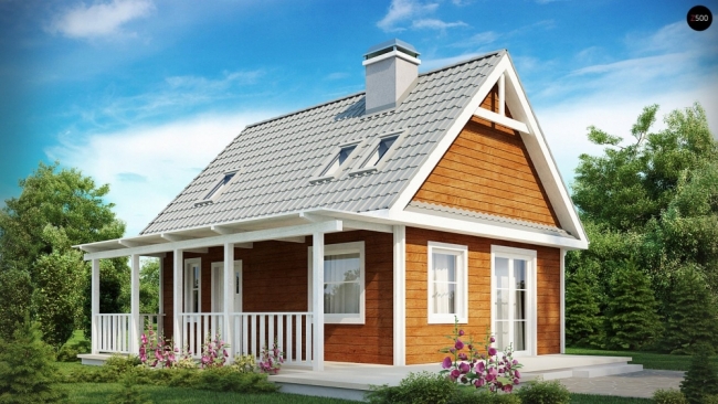 Z39 Маленький, уютный дом с мансардой, двускатной крышей и c фронтальной террасой.