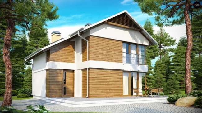 Z155 Компактный двухэтажный дом с большими окнами, подходящий для узкого участка.  