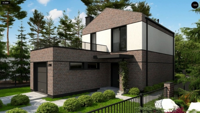 Z398 Двухэтажный проект дома с гаражом расположенным фронтально. Подойдет для узкого участка.